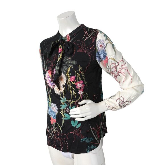 Hale Bob Floral Keyhole Blouse Long Sleeve Top Tie Neck Flowers Black White XS - Picture 6 of 9